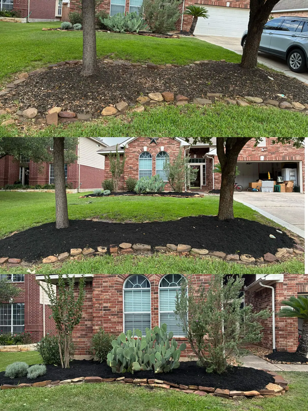 Before-and-after collage of a stone-edged bed refreshed with black mulch